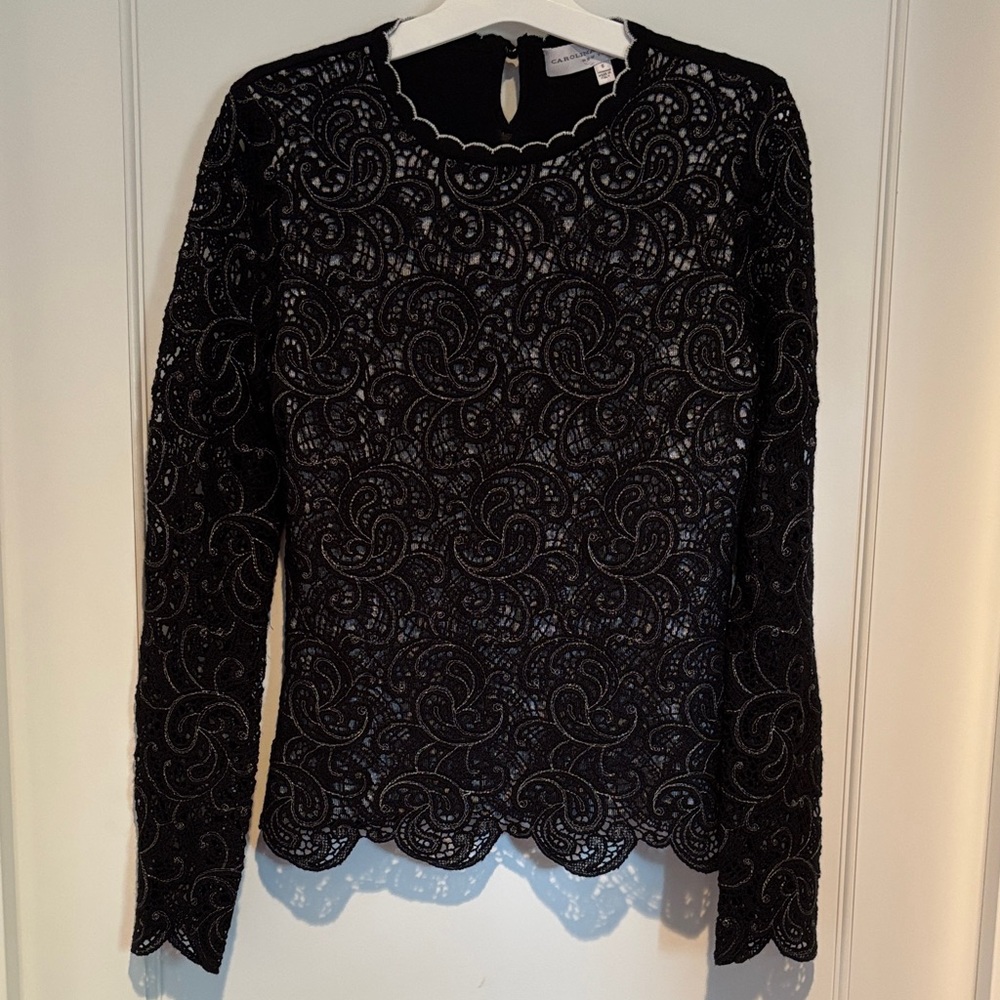 Carolina Herrera lace overlay lightweight sweater w/ scalloped neck, cuffs & hem